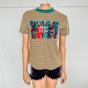 Y2K, Perf Perf, Houndstooth Mustard Yellow & Green Tee, Women’s Size Medium